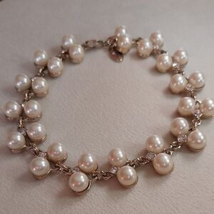 Ann Taylor Silvertone White Pearl & Rhinestone Ankle Bracelet 11 Inches